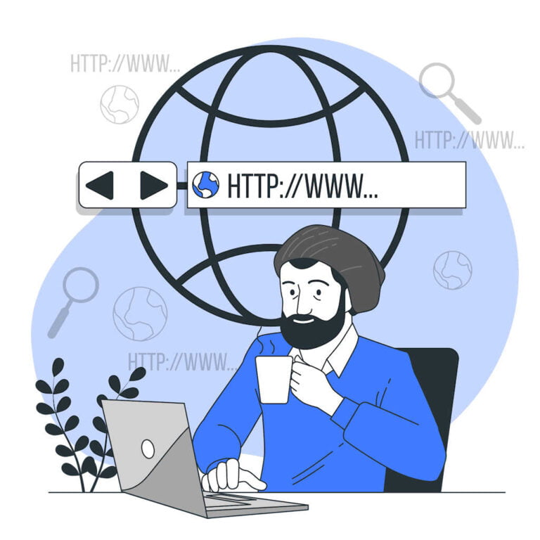 Illustration of woman hitting the publish button at her laptop with coffee in hand