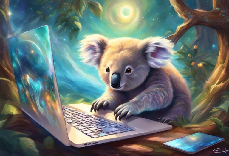 AI generated image of a koala typing on a laptop created with KoalaWriter
